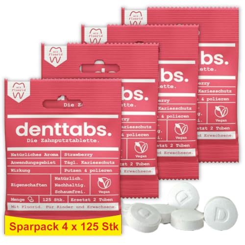 Denttabs Zahnputztabletten Erdbeergeschmack 4x125 Stk. die vollwertige Alternative zur Zahnpasta, mit angepasstem Fluoridgehalt für Kinder VEGAN Plastikfrei ohne Konservierungsstoffe. kompostable Bag
