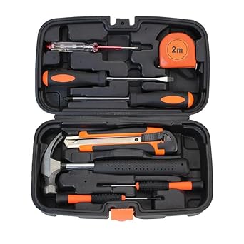 Household 9 Hand Tool Kit - Mechanic Tool Set Home Repair Tool Kit with Storage Case Screwdriver Hammer Measurring Tape(2m) Utility Knife Set Hardware Tool Kit for DIY Projects/Homeowner/Handyman