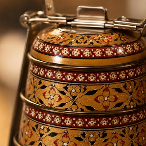 Image of iHandikart Handpainted Decorative Lunch Box Tiffin | Multiple Tier Stainless Steel Food Box | Designer Indian Print Tiffin for School | Diwali Gift, Navratri Gift (Color - Multicolor)