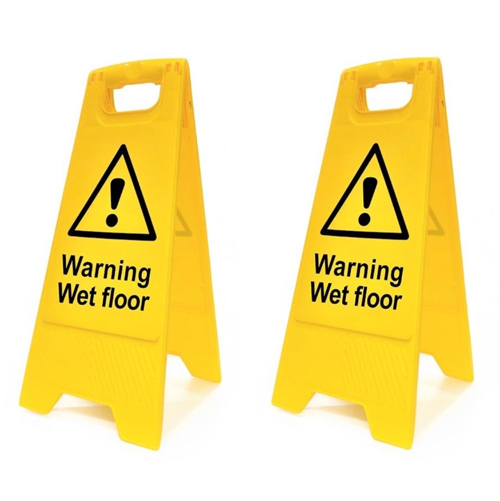 Warning Wet Floor Signs - Pack of 2 | High Visibility Yellow Folding A-Board Safety Stands | Double Sided Hazard Signage for Cleaning, Shops, Offices & Public Areas