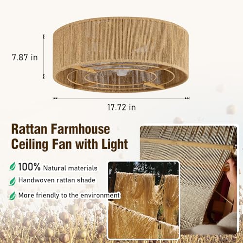 Image of Cage Ceiling Fan with Light,Rattan Ceiling Fan with Light and Remote Control,Enclosed Low Profile Caged Design, 6 Speed Quiet Reversible Motor for Bedroom, Living Room, Porch, Nursery