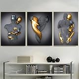 EXQULEG 3er Kunst Modern Poster Set - 3D Grau Gold Metallfigur Statue Kunst Liebe Herz Umarmungen Kuss Bilder Wandkunst Deko - Ohne Rahmen - Wanddeko Wand Wohnzimmer Wanddekoration Deko (50x70cm)