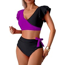 Women Two Piece High Waisted Bikini Set Ruffle Sleeve Wrap V Neck Swimsuit Beach Vacation