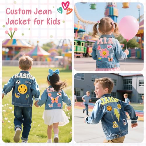 Custom Toddler Jean Jacket with Names Patches, Personalized Birthday Gifts for Kids 1-8 Years Old, Back to School Outfits for Girls & Boys - Customized Kids Denim Jacket3