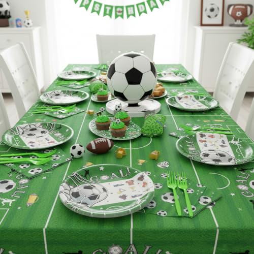Soccer Birthday Party Decorations, Soccer Party Supplies Serves 24 with Plates and Napkins Tablecloth Forks, Sports Soccer Theme Party Favors for Kids Boys — view 4