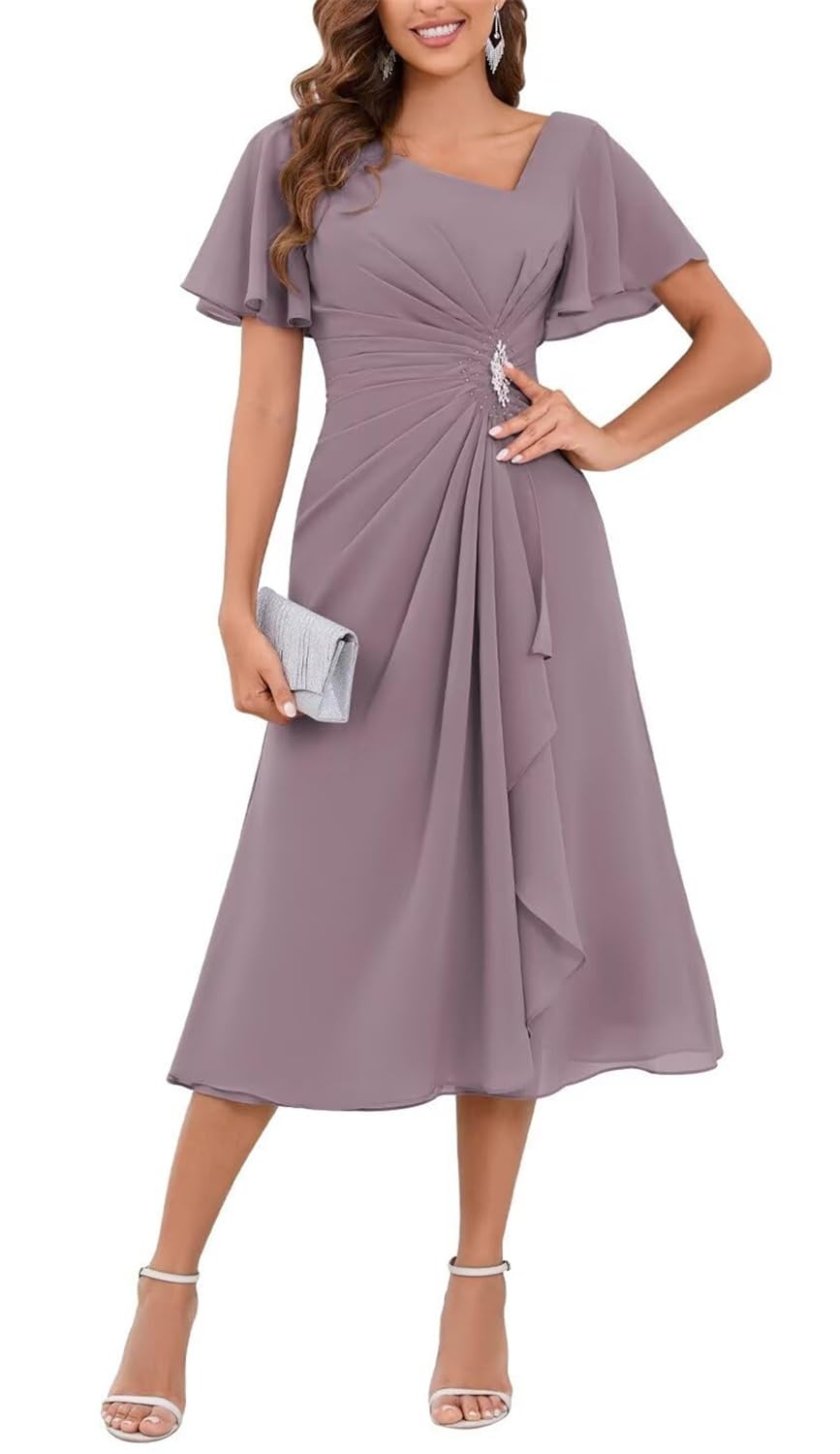 Yiann Women's Wisteria Tea Length Mother Of The Bride Dresses For With Sleeves Short Bridesmaid Dress Formal Gown Uk16