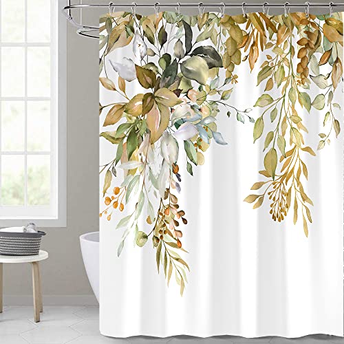 Zrofull Yellow Eucalyptus Shower Curtain, Watercolor Plant Leaves With Floral Bathroom Decor Waterproof Fabric White Background Shower Curtain With Hooks 72X72 Inch #TOP2