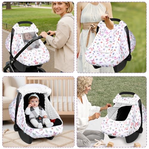 Image of Pea Pod Baby Car Seat Cover, Universal Infant Car Seat Cover with Sunshade & Mesh Windows - Breathable Minky Lined Canopy Cover for Stroller- Soft Carseat Cover for Newborns, Butterfly Patterns