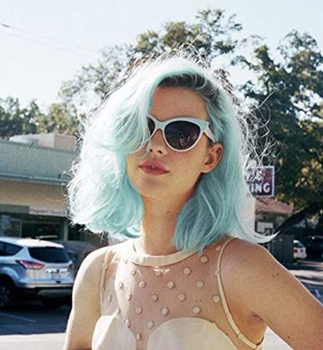 Vebonny Platinum Blonde Curly Lace Front Wigs with Brown Roots (12 inch, Blue)