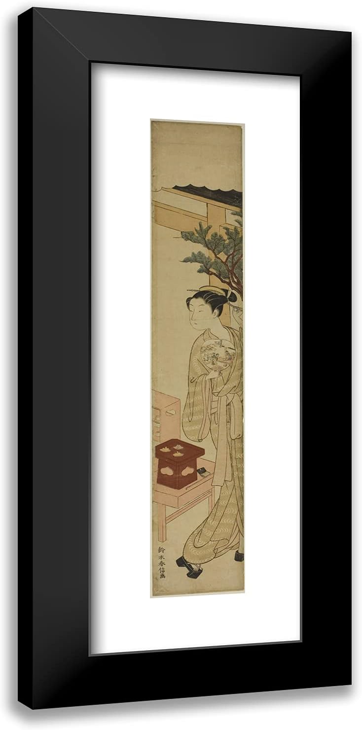 ArtDirect Suzuki Harunobu 11x24 Black Modern Framed and Double Matted Art Print Titled The Waitress Osen of The Kagiya Teahouse Holding a Fan