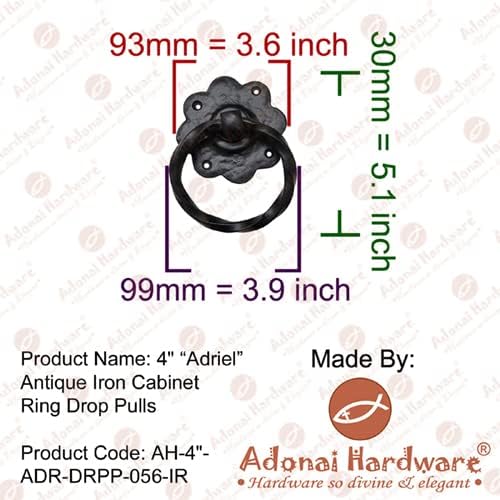 Adonai Hardware 4" "Adriel Antique Wrought Iron Cabinet Ring Drop Pulls (2 Pack, Black Powder Coated) for Vintage Wooden Barn Doors, Gates, Closets, Furniture, Drawers, Cupboards, Wardrobes and Sheds