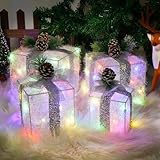 COVFEVER Christmas Lighted Gift Boxes, Pre-lit Lights Gift Boxes Set of 4, Light up Present Boxes Set Battery Operated with Different Sizes for Holiday Indoor Outdoor Decorations(Multi-Colored)