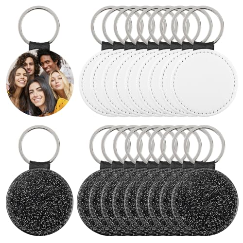 Framendino, 20 Pack Sublimation Blanks Keychain PU Leather Keychains Heat Transfer Key rings Glitter Round Chains for DIY Craft