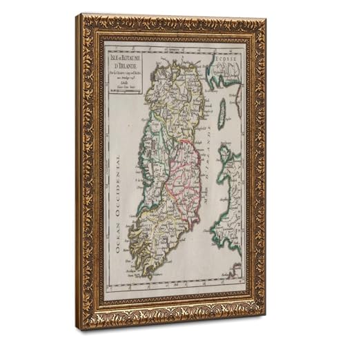 Carte historique irlandaise 1795 cadre suspendu bois tableau vintage toile déco salon