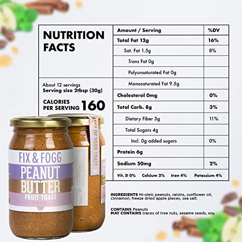Gourmet Peanut Butter, Super Crunchy Peanut Butter, Cinnamon, Raisin & Apple, Low Sugar Peanut Butter, Fruit Toast, 375g - Fix and Fogg Peanut Butter