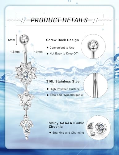 JOERICA 3-6Pcs 14G 316L Stainless Steel Belly Button Rings for Women Flower CZ Dangle Belly Button Rings Navel Piercing Jewelry4