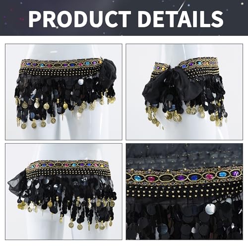 MUNAFIE Edelsteine Bauchtanz Hüfttuch Bauchtanz Kostüm Damen Bauchtanz Gürtel Tuch mit Münzen Schwarz