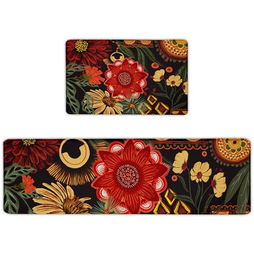 Tyrot Black Boho Floral Long Kitchen Mats Rugs Sets of 2 Cushioned Anti Fatigue Floor Mat Comfort Kitchen Rugs Farmhouse Style Non Slip Waterproof Mid Century Botanical Standing Mat for Sink Laundry