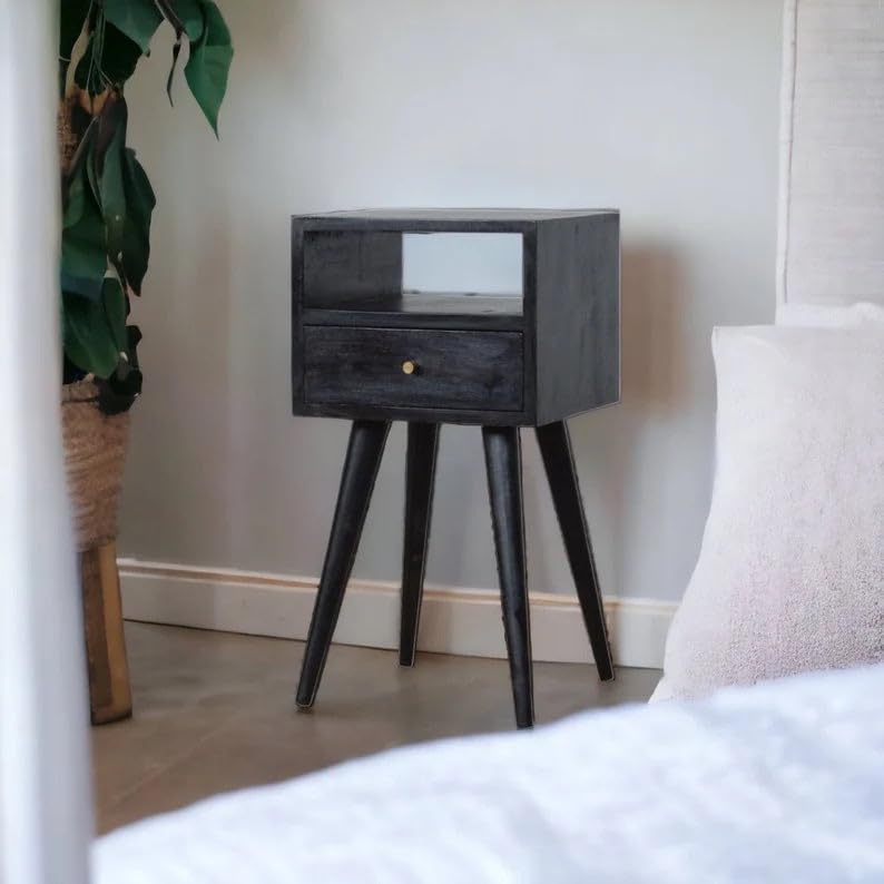 Image of IThree Modern Nightstand with Open Shelf, Single Drawer, Black Wood, Mid-Century Style Legs (Style 1) (Style 2)