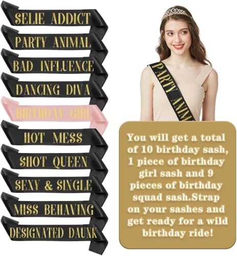 10 Pack Birthday Sash for Women Group,Happy Birthday Party Supplies Sashes Favors Decorations for Women,Birthday Squad Glitter Sash Set,9 Funny Sashes,1 Birthday Sash(Black and Rose Gold)3