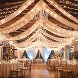 Dark Champagne Ceiling Drapes with Lights String for Weddings, 6 Panels 5ftx10ft Sheer Tulle Backdrop Photo Background Drapes for Wedding Ceremony Birthday Party Arch Decoration