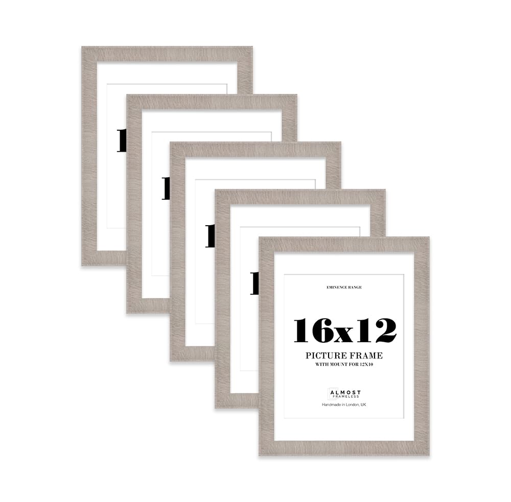 16x12" Grey Picture Frame with 12x10" Mount - Shabby Chic Photo Frame with Distressed Finish, Wall Hooks, 32mm Edge - 5 Pack