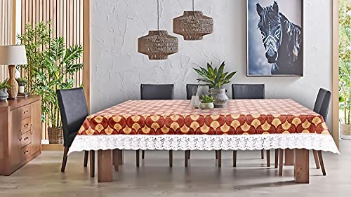 Image of The Furnishing Tree Waterproof PVC Rectangle Shaped 8 Seater Table Cover WxL 60x108 inches Counterchange Pattern Brick with White Border lace
