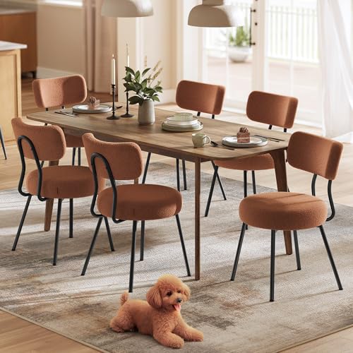Image of VASAGLE Boucle Dining Chairs Set of 6, Upholstered Kitchen Dining Room Chairs with Curved Backrest and Steel Frame, Modern Mid Century, Round, for Vanity, Living Room, Coffee Brown UKDC110K01-3J