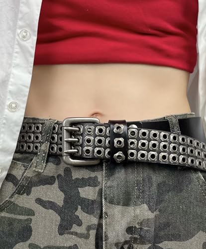3 Row Grommet Genuine Leather Belt for Women Men Punk Style Distressed Personalized Hip-Hop Goth Belt3