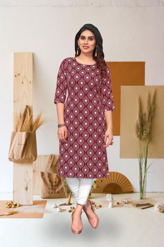 Image of JAKHANA Women's Crepe Printed Casual Straight Calf Length Round Nick Kurta Pack of 4