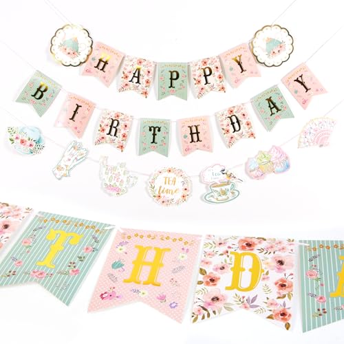 Image of SUNBEAUTY Floral Tea Party Birthday Decorations Tea Happy Birthday Banner Floral Garland Birthday Hanging Banner for Baby Bridal Shower Spring Garden Tea Party Decorations | Pre-Strung