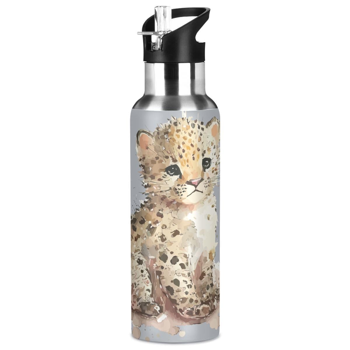 Leopard Kinder-Wasserflasche 350 Ml – BPA-frei, Auslaufsicher, Mit Strohhalm