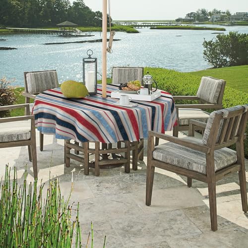 DYTXIII Outdoor Round Tablecloth with Umbrella Hole 60 Inch, Water Repellent & Fade Resistant Table Cover, All Weather Outdoor Tablecloth for Garden & Party Table, Stripe Red Blue by DYTXIII - Used condition - Image 2