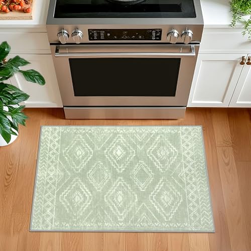KILOCOCO Boho Entryway Rug 2x3 Printed Small Area Rug Indoor Door Mat Machine Washable Kitchen Rugs Super Soft Non Slip Throw Rugs for Bedroom Entrance Geometric Laundry Room, Grey Green