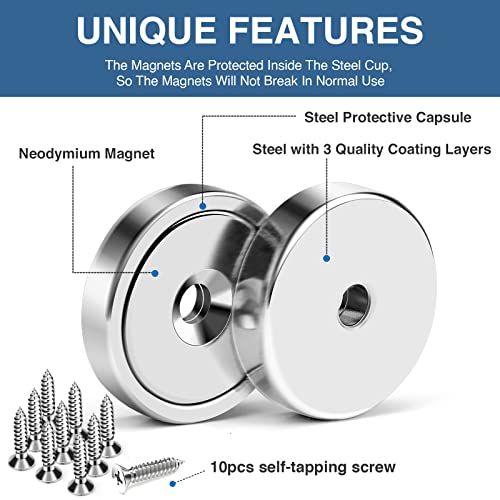 Mikede 10 Pack Strong Neodymium Cup Magnets, 70Lbs+ Holding Force Heavy Duty Round Base Cup Magnets With Countersunk Hole, Powerful Industrial Strength Rare Earth Magnets With Screws For Wall Mounting #TOP2