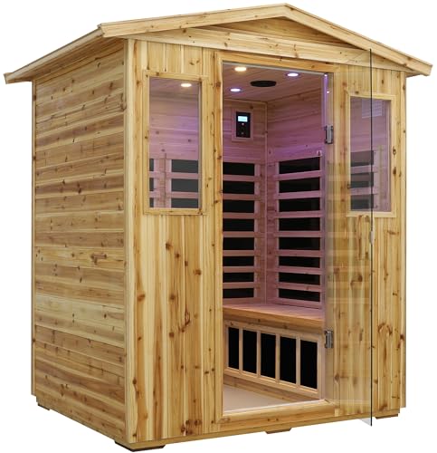 Image of LTCCDSS Low EMF Outdoor Far Infrared Sauna 4-Person, Hemlock Wood Sauna for Home- Bluetooth Speakers, LED Reading Lamps, Chromotherapy Lights, 68.1 * 52.4 * 82.7 in
