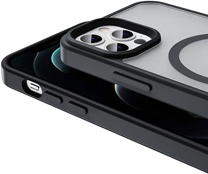 Elfia Apple iPhone 12 Pro Max ile Uyumlu Kılıf Şeffaf Silikon Kenarları Mat Renkli M-Safe Şarj Özellikli Kamera Lens Korumalı İnce Kapak Sio Siyah