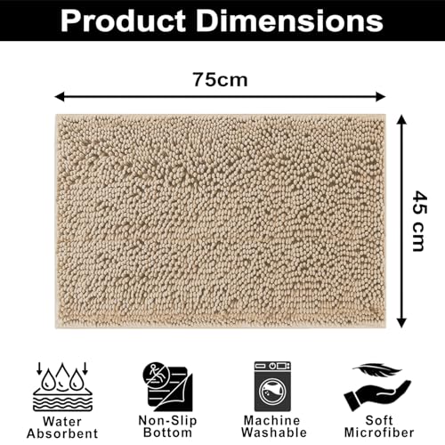 Image of LUXE HOME INTERNATIONAL Shaggy Chenille Bath Mat Extra Soft Super Absorbent Anti Skid Slip Popcorn Door Mats for Home Entrance, Bathroom, Bedroom, Kitchen, Floor Mat (45x75 cm Beige) Pack of 1