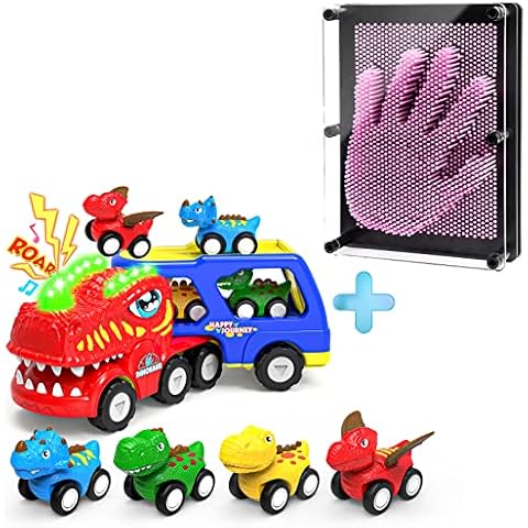 Large 3D Pin Art Sensory Toy (Pink) and 5 in 1 Friction Powered Dinosaur Toy Trucks with Flashing Light & Sound Bundle, Toddler Toys with 4 Dino Toy Cars for 1 2 3 4 5 6 7 8 Year Old Kid Boys Girls Cover