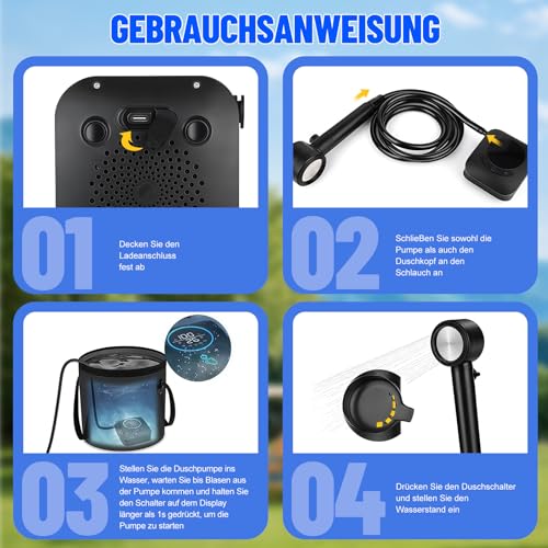 Campingdusche Set mit Heizfunktion, IPX8 Outdoor Dusche 8000mAh Akku-Wasserpumpe mit Smart Display, Duschkopf mit Filter, 2m Schlauch, faltbarer Wasserbehälter, mobile Dusche für Camping & Wohnmobil