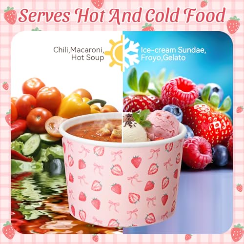 Image of Funnymoom 50 Pack Strawberry Ice Cream Cups 9 oz Bow Berry Sweet Disposable Dessert Bowls Pink Coquette Strawberry Paper Soup Bowls Snack Cups for Hot or Cold Food Baby Shower Wedding Birthday Party