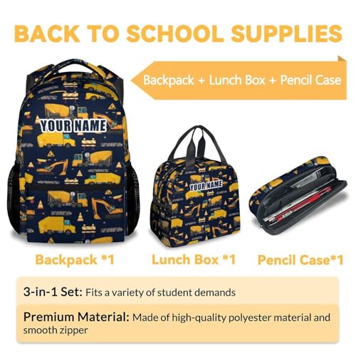Personalized Truck Backpack with Lunch Box and Pencil Case Set, 3 in 1 Matching Boys Dark Blue Backpacks Combo, Cool Bookbag and Pencil Case Bundle3