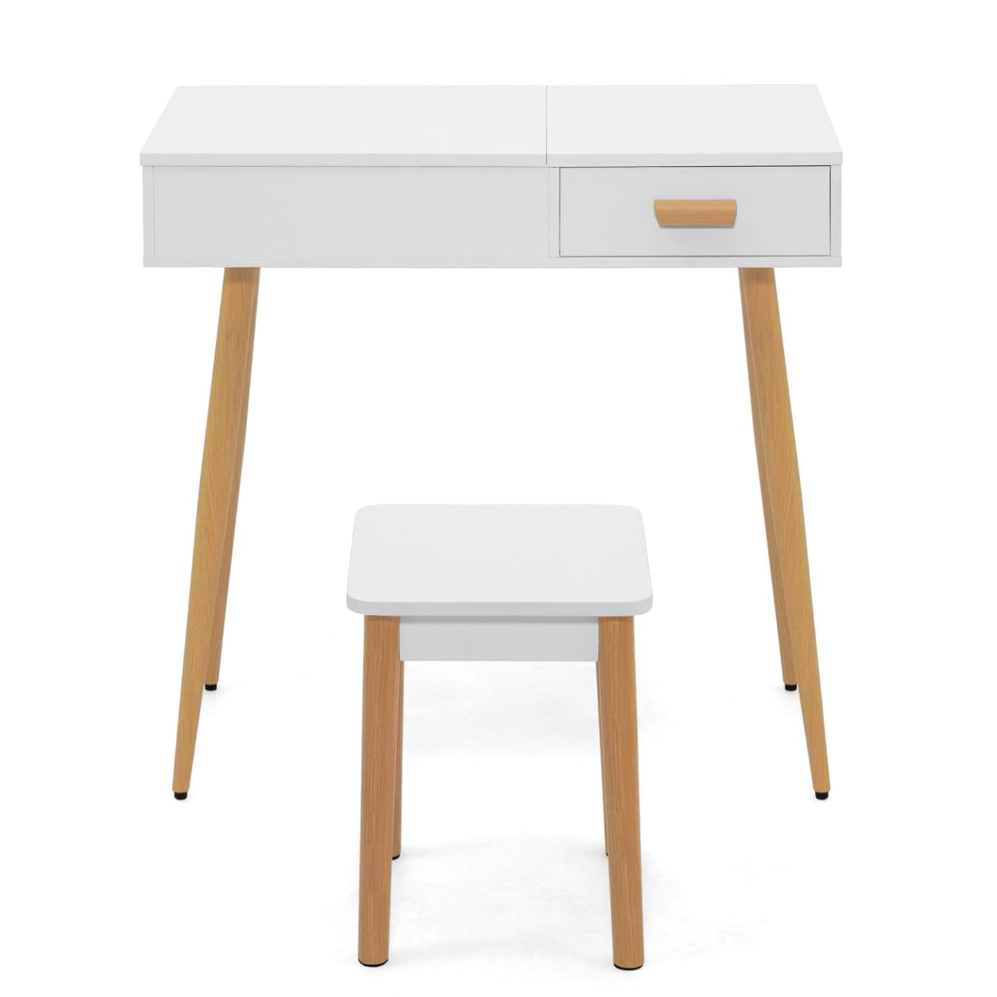 IDMarket - Coiffeuse scandinave Lisa Blanche Miroir Rabattable LED et Tabouret