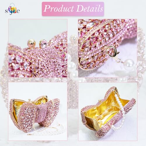 Image of Handmade Inlay Rhinestone Bow Clutch Bag for Women, Sparkling Evening Party Wedding Purse with Detachable Pearl Chain