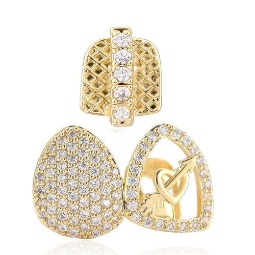 Hiphop Iced out 5a Flecha de Circón Corazón Parrillas de Dientes Roca chapada en Oro Circonita cúbica Parrillas de Dientes dentales Gorras para Mujeres Hombres Regalo,Oro