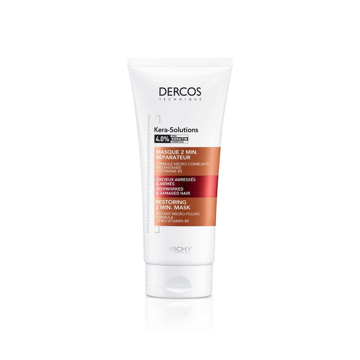 VICHY LABORATOIRES Masque Réparateur Cheveux Abîmés Kera-Solutions - Complexe Pro-Kératine 4% et Vitamine B5 - Format 200 mL - Soin Intensif 2 Minutes pour Cheveux Agressés - Lot de 2