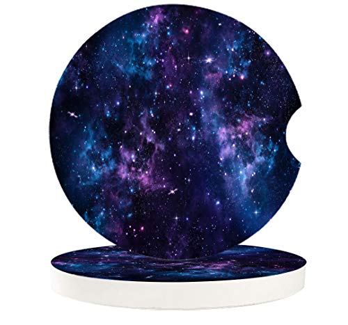Absorbent Ceramic Car Coasters Purple Galaxy Car Accessories Nebula Space Starry Sky Drink Coaster Cup Holders with A Finger Notch for Easy Removal of Auto Cupholder Set of 2 Pack Blue Purple