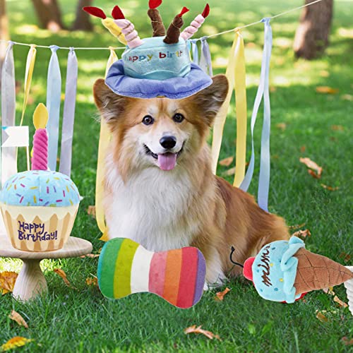 TEKCAM Hund Geburtstag Spielzeug, Hund Geburtstagstorte Spielzeug mit Geburtstagsmütze, Geburtstagsknochen, Haustier Eiscreme, Quietschendes Plüschtier, 4 Stück Hunde-Geburtstagsparty-Zubehör