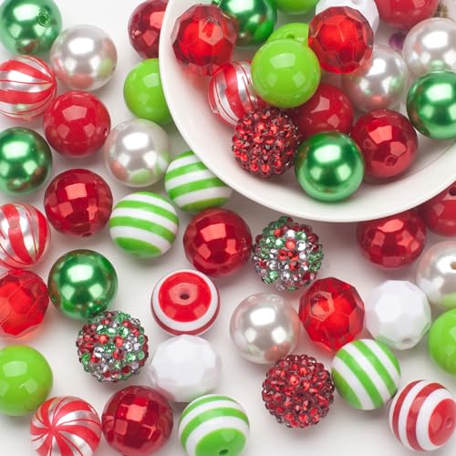 20 mm Bubblegum Beads for Pens Making 50 PCS Large Focal Pen Beads Bulk Chunky Christmas Bubble Gum Bead Mix Colorful Rhinestone Bead for Crafts Jewelry Making Keychain Bracelets Necklaces