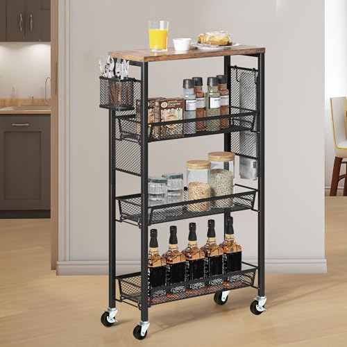 DWVO 4-Tier Slim Rolling Cart on Wheels, 34" Wooden Tabletop Kitchen Storage Organizer Cart with Wire Mesh Baskets, Slide-Out Storage Cart for Kitchen, Bathroom Living Room (Black)